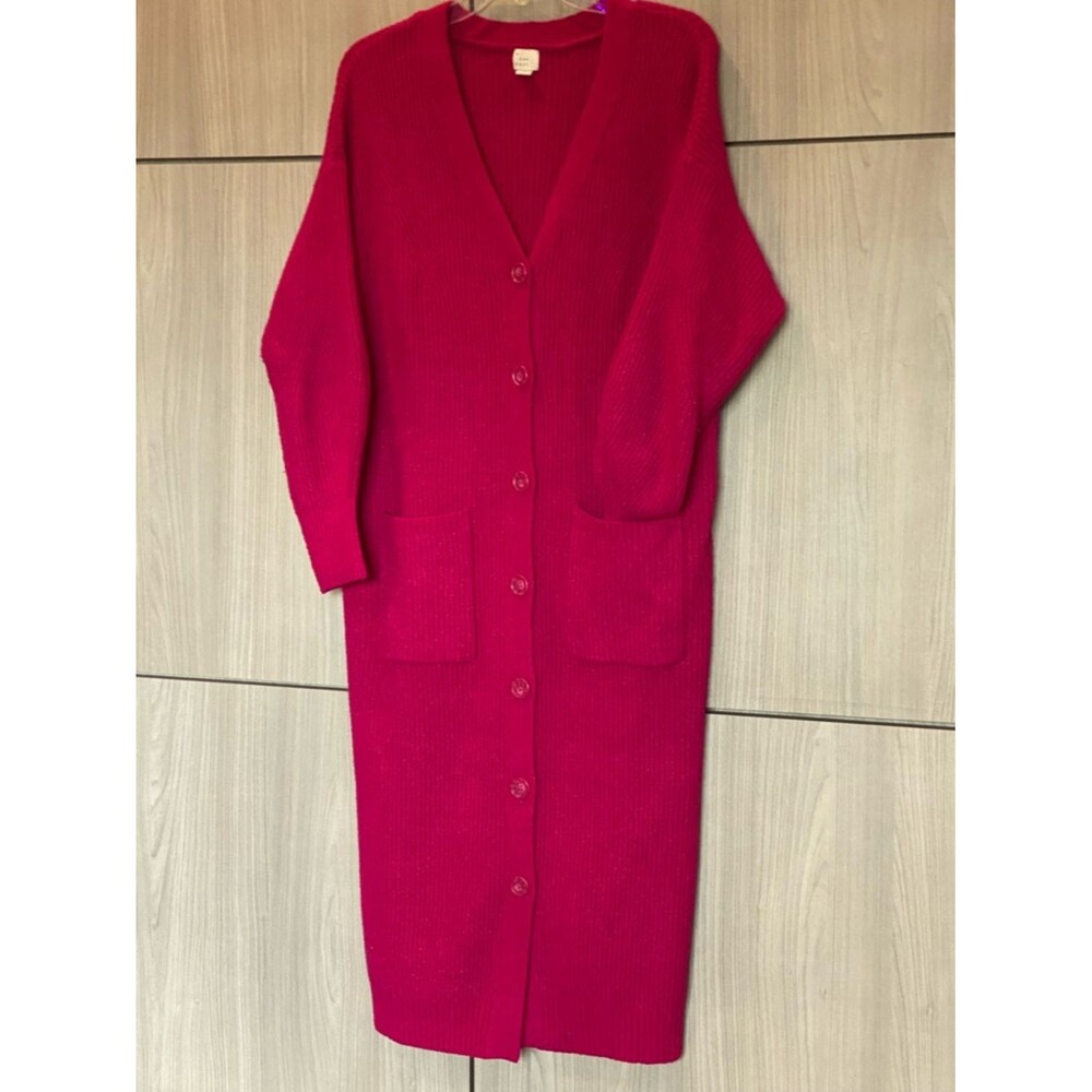 A New Day Long Cardigan Sweater M Medium Hot Pink / Fuchsia Pockets GUC